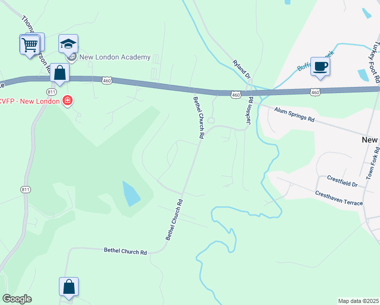 map of restaurants, bars, coffee shops, grocery stores, and more near 1307 Bethel Church Road in Forest