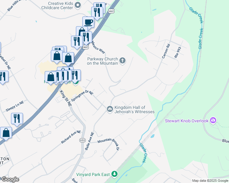 map of restaurants, bars, coffee shops, grocery stores, and more near 3602 Belle Avenue Northeast in Roanoke