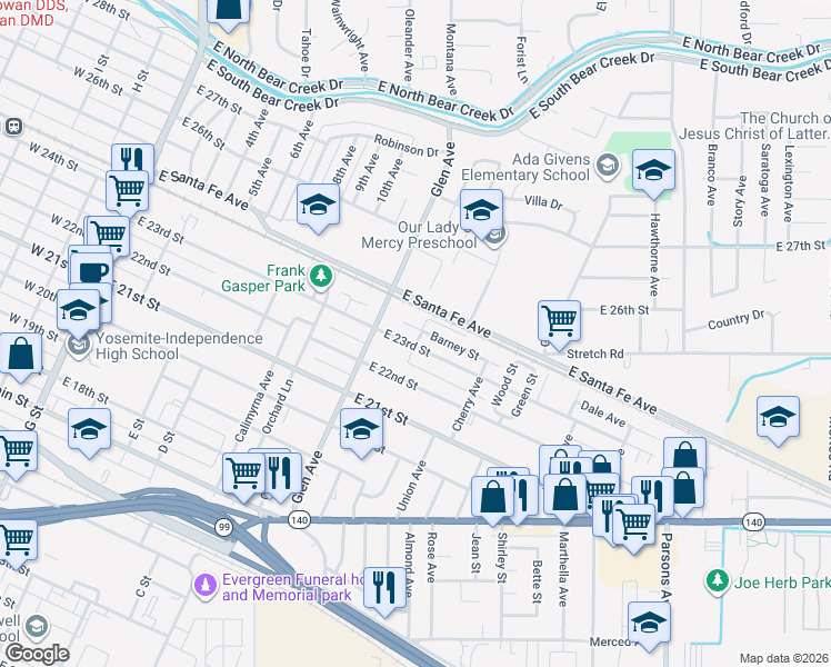 map of restaurants, bars, coffee shops, grocery stores, and more near 850 East 23rd Street in Merced