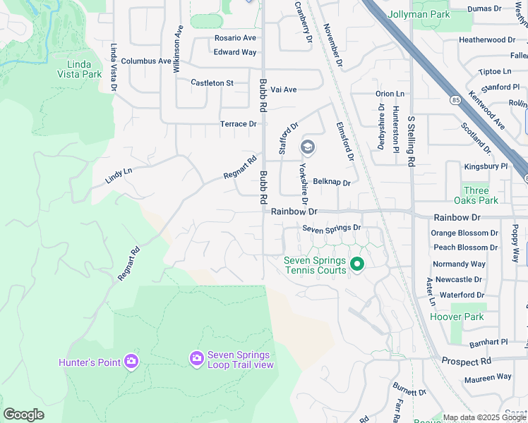 map of restaurants, bars, coffee shops, grocery stores, and more near Rainbow Dr & Bubb Rd in Cupertino