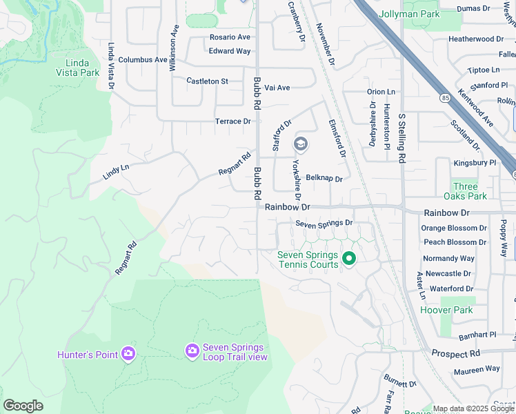 map of restaurants, bars, coffee shops, grocery stores, and more near Rainbow Drive & Upland Way in Cupertino