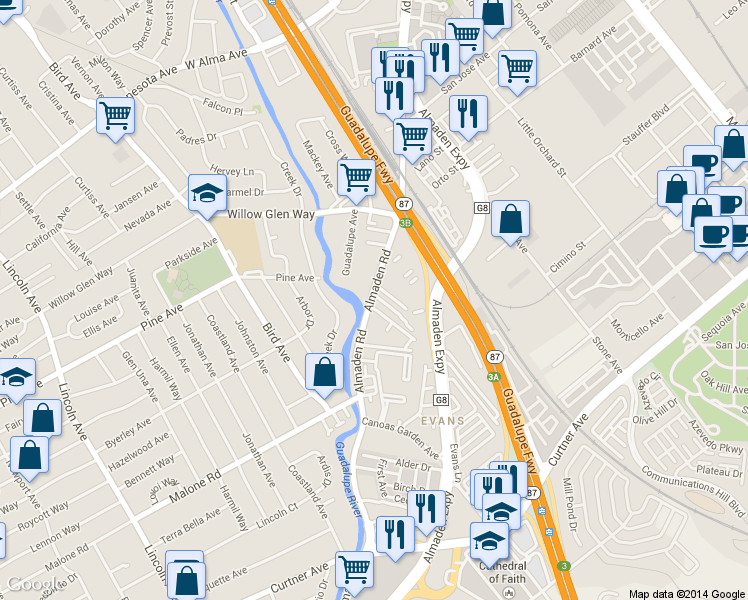 map of restaurants, bars, coffee shops, grocery stores, and more near 1860 Almaden Rd in San Jose