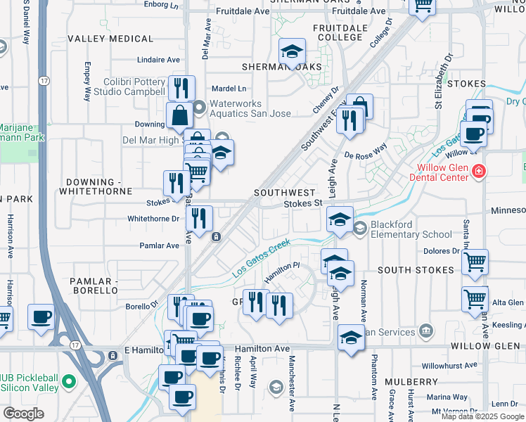 map of restaurants, bars, coffee shops, grocery stores, and more near 1800 Stokes Street in San Jose