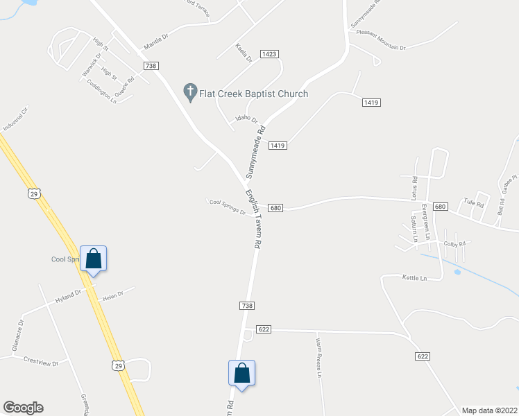 map of restaurants, bars, coffee shops, grocery stores, and more near 3188 Suburban Road in Lynchburg