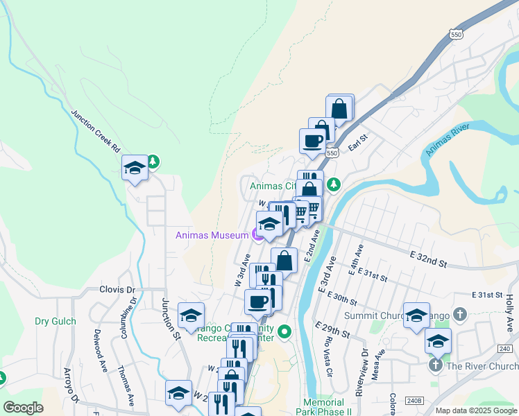 map of restaurants, bars, coffee shops, grocery stores, and more near 3115 West 4th Avenue in Durango