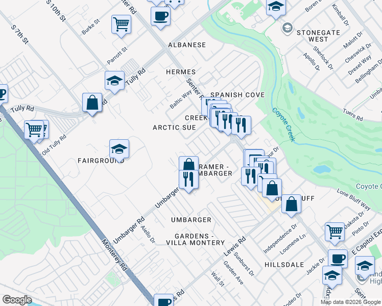 map of restaurants, bars, coffee shops, grocery stores, and more near 555 Umbarger Road in San Jose