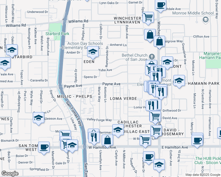 map of restaurants, bars, coffee shops, grocery stores, and more near 1336 Antonio Lane in San Jose