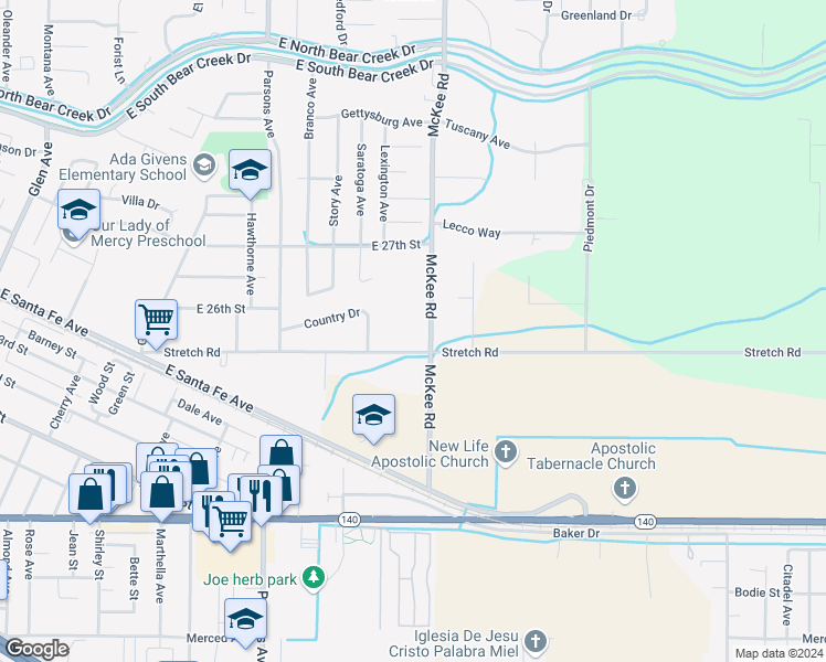 map of restaurants, bars, coffee shops, grocery stores, and more near Stretch Road in Merced