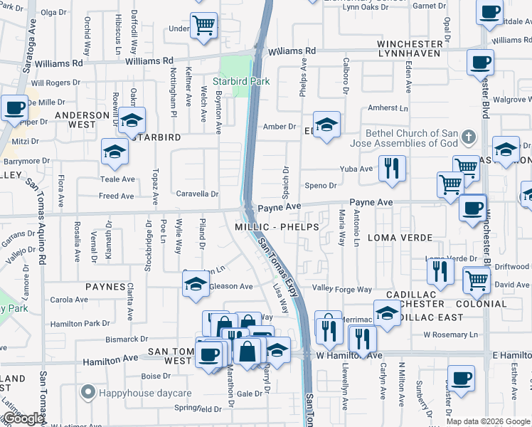 map of restaurants, bars, coffee shops, grocery stores, and more near 3592 Payne Avenue in San Jose