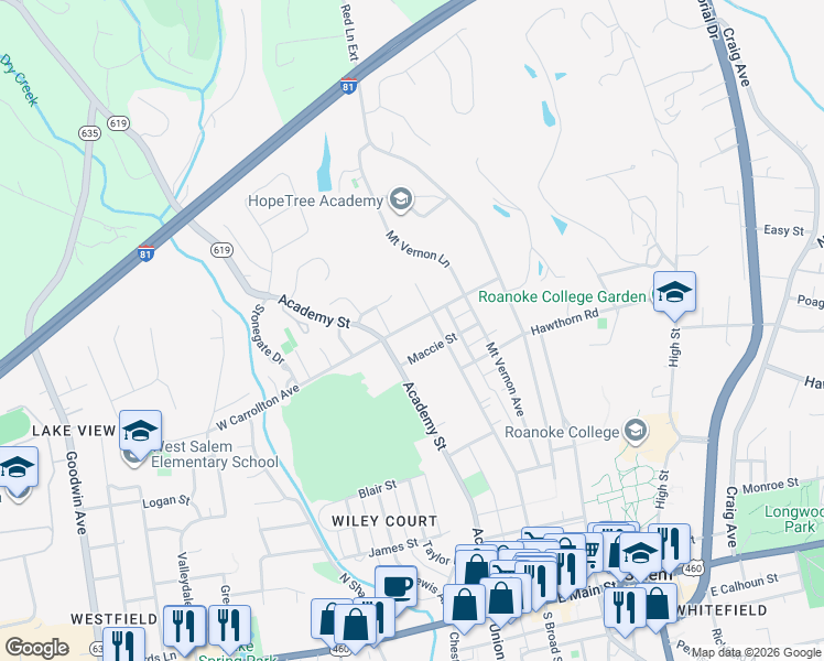 map of restaurants, bars, coffee shops, grocery stores, and more near 18 West Carrollton Avenue in Salem