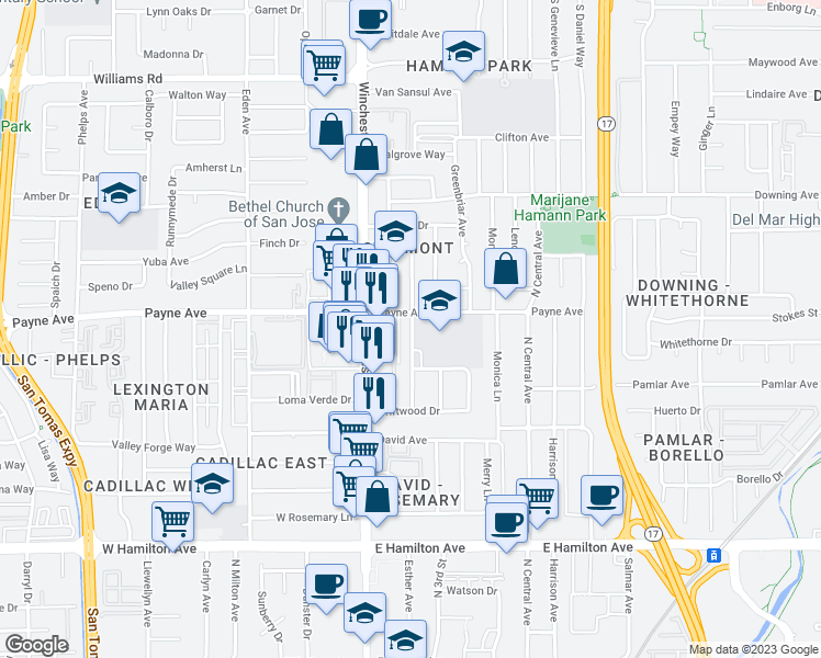 map of restaurants, bars, coffee shops, grocery stores, and more near 1315 Castlemont Avenue in San Jose