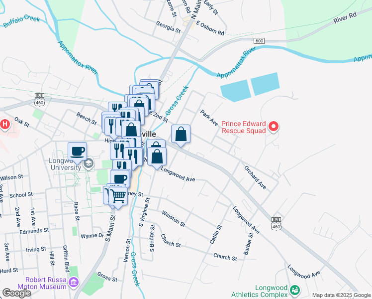 map of restaurants, bars, coffee shops, grocery stores, and more near 406 East 3rd Street in Farmville