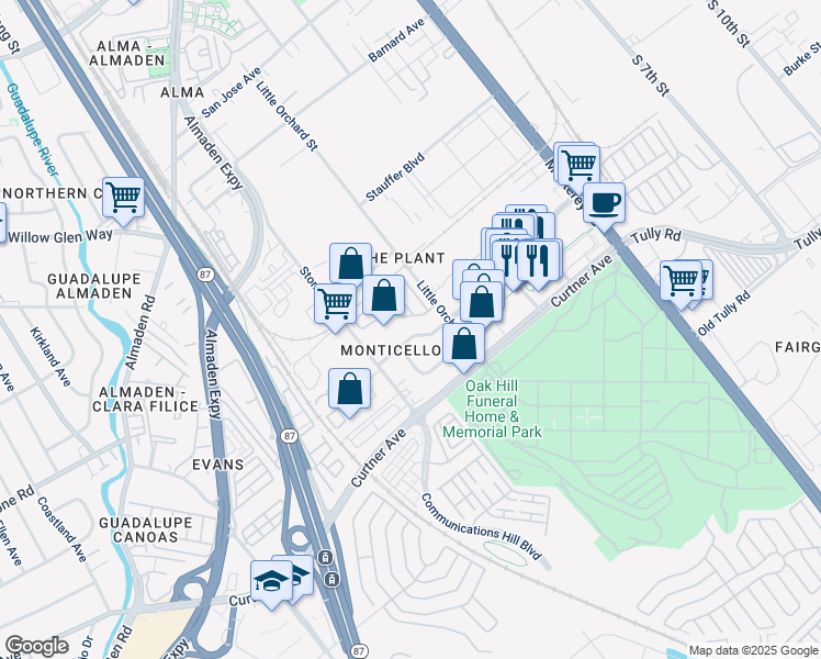 map of restaurants, bars, coffee shops, grocery stores, and more near 317 Perrymont Avenue in San Jose