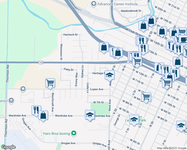 map of restaurants, bars, coffee shops, grocery stores, and more near 1842 Heritage Drive in Merced