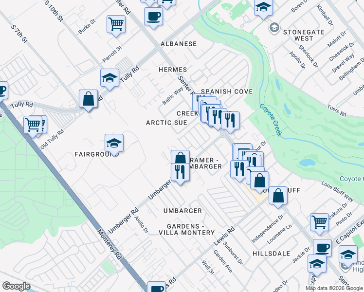 map of restaurants, bars, coffee shops, grocery stores, and more near 555 Umbarger Road in San Jose