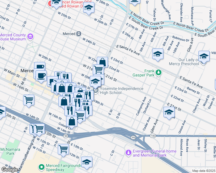map of restaurants, bars, coffee shops, grocery stores, and more near 216 East 20th Street in Merced