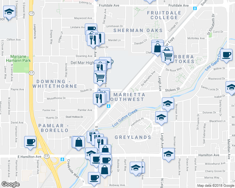 map of restaurants, bars, coffee shops, grocery stores, and more near 2030 Sonador Commons in San Jose