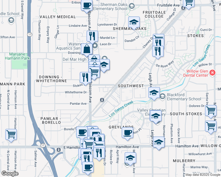 map of restaurants, bars, coffee shops, grocery stores, and more near 2030 Sonador Commons in San Jose
