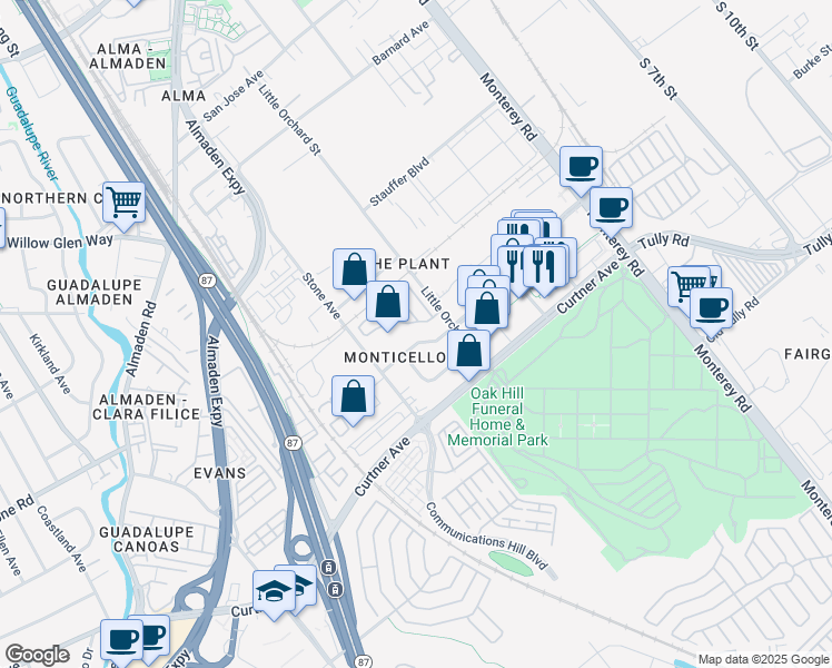 map of restaurants, bars, coffee shops, grocery stores, and more near 317 Perrymont Avenue in San Jose