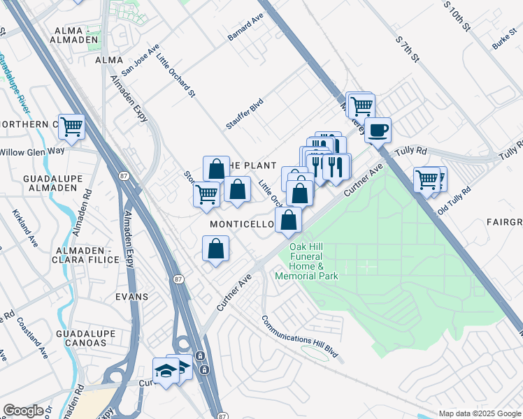 map of restaurants, bars, coffee shops, grocery stores, and more near 348 Perrymont Avenue in San Jose