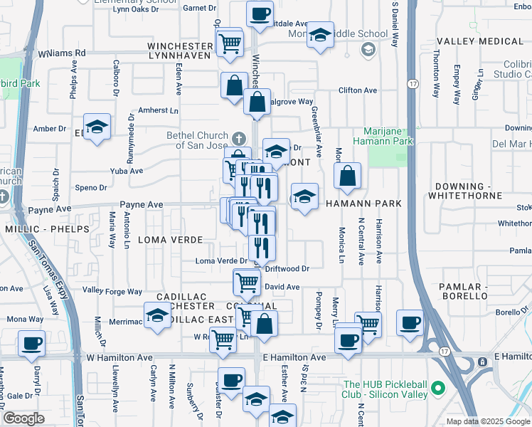 map of restaurants, bars, coffee shops, grocery stores, and more near 1324 South Winchester Boulevard in San Jose