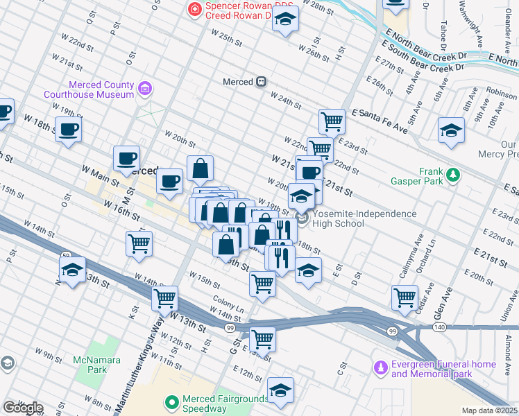 map of restaurants, bars, coffee shops, grocery stores, and more near 115 West 18th Street in Merced