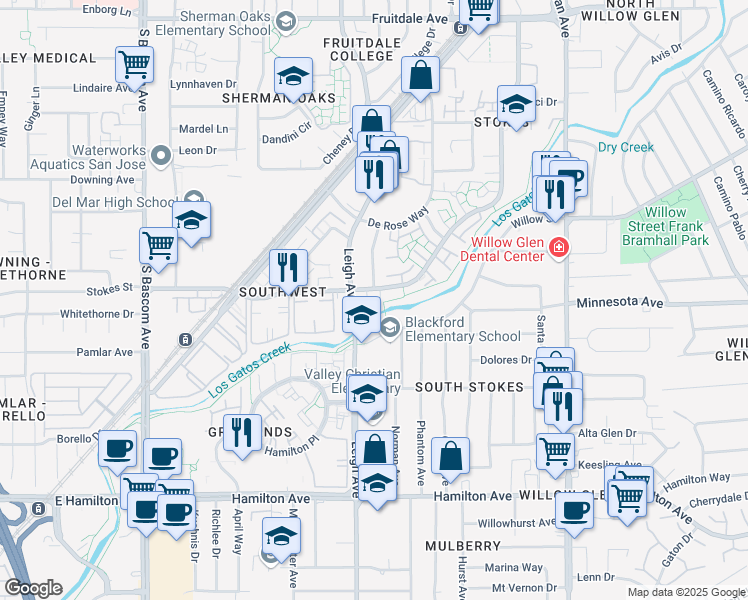 map of restaurants, bars, coffee shops, grocery stores, and more near Los Gatos Creek Trail in San Jose
