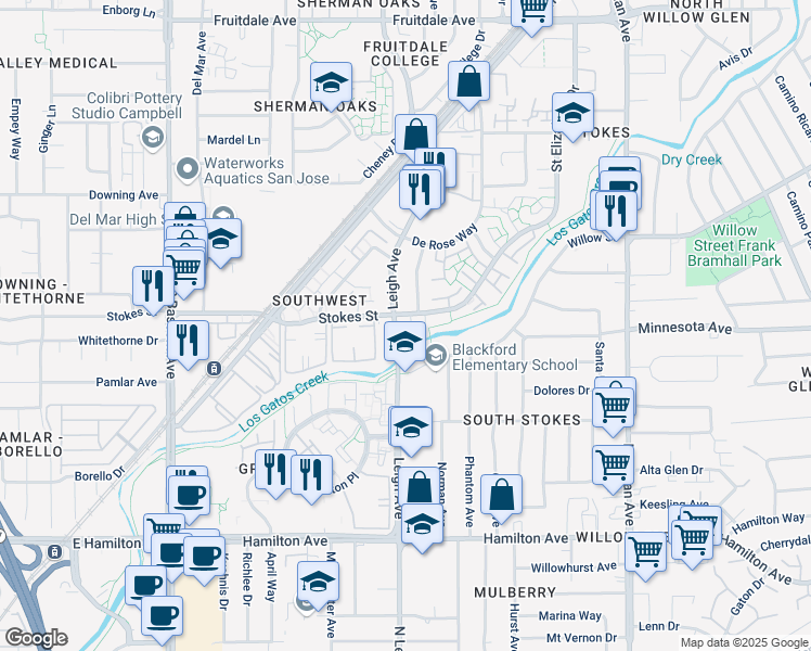 map of restaurants, bars, coffee shops, grocery stores, and more near 1299 Leigh Avenue in San Jose