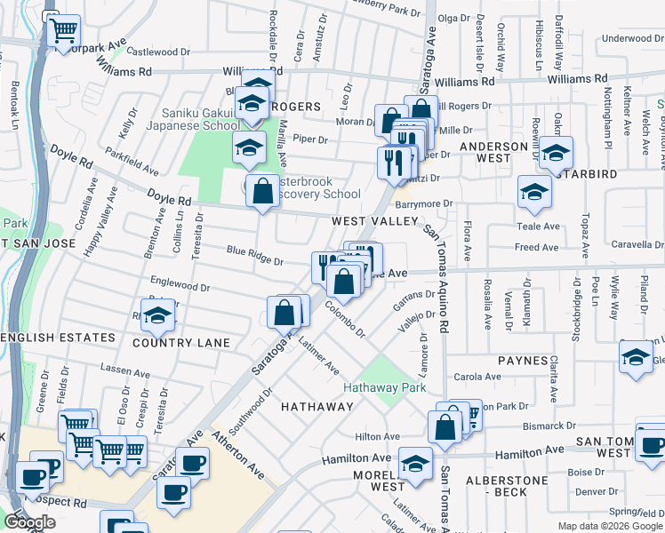 map of restaurants, bars, coffee shops, grocery stores, and more near 1320 Saratoga Avenue in San Jose