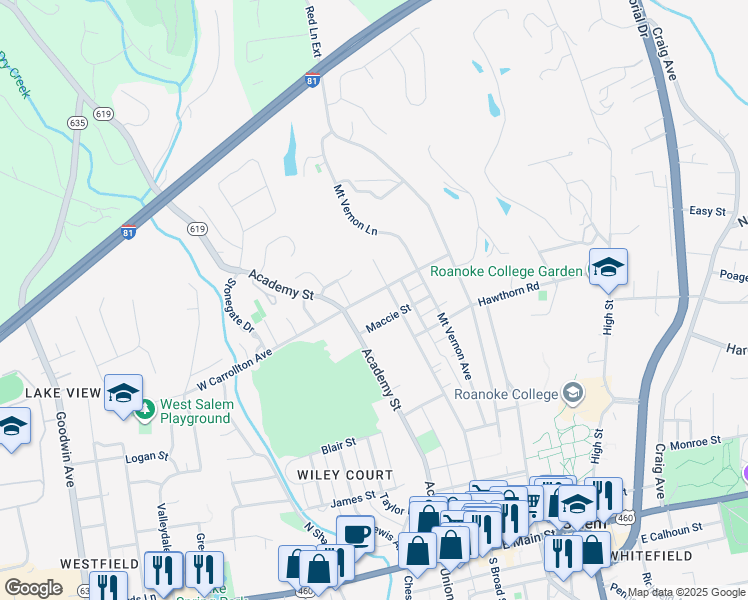 map of restaurants, bars, coffee shops, grocery stores, and more near 14 West Carrollton Avenue in Salem