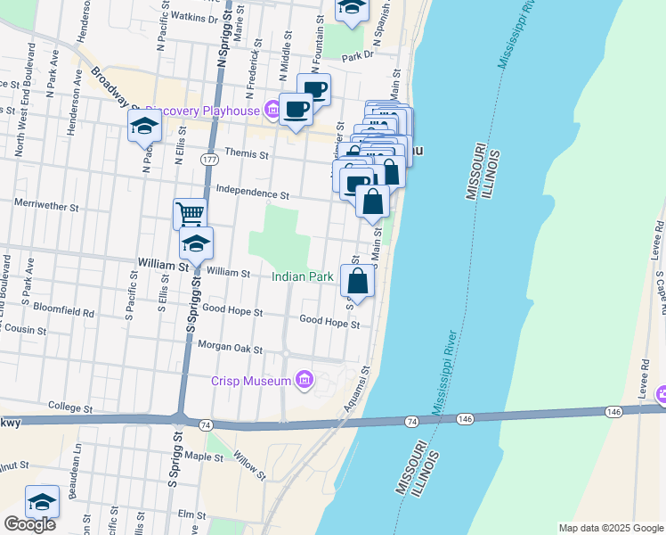map of restaurants, bars, coffee shops, grocery stores, and more near 150 South Lorimier Street in Cape Girardeau
