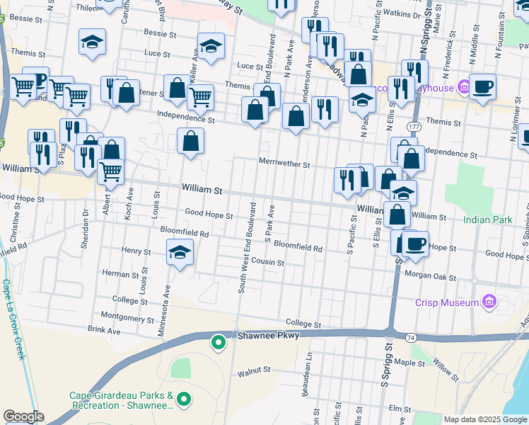 map of restaurants, bars, coffee shops, grocery stores, and more near 322 South West End Boulevard in Cape Girardeau