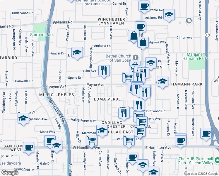 map of restaurants, bars, coffee shops, grocery stores, and more near 1315 Eden Avenue in San Jose