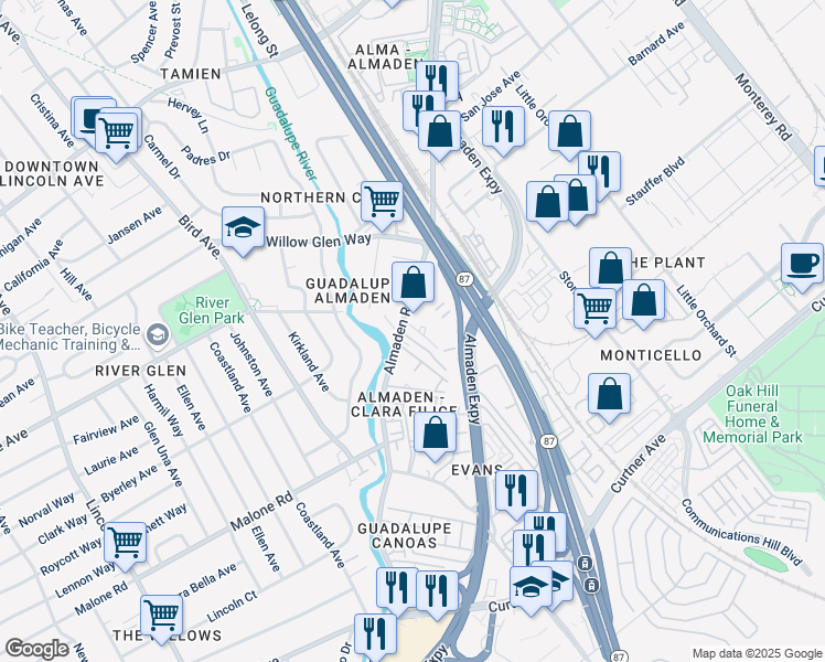 map of restaurants, bars, coffee shops, grocery stores, and more near 1860 Almaden Road in San Jose