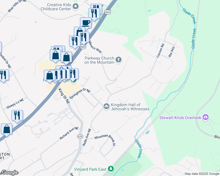 map of restaurants, bars, coffee shops, grocery stores, and more near 3602 Belle Avenue Northeast in Roanoke