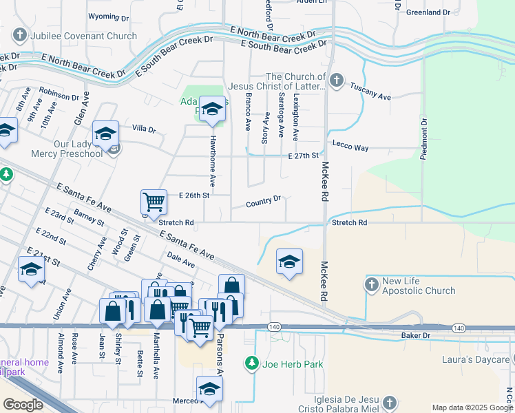 map of restaurants, bars, coffee shops, grocery stores, and more near 2500 Country Drive in Merced