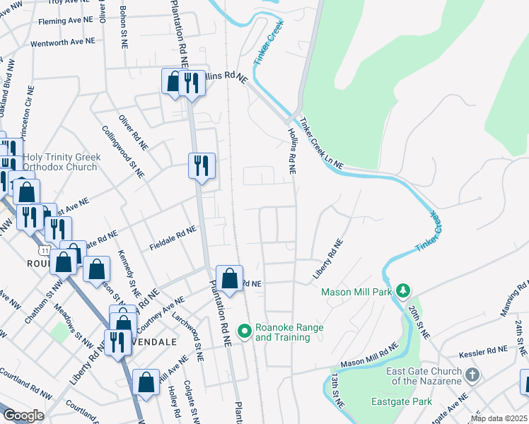 map of restaurants, bars, coffee shops, grocery stores, and more near 2829 Ridgefield Street Northeast in Roanoke