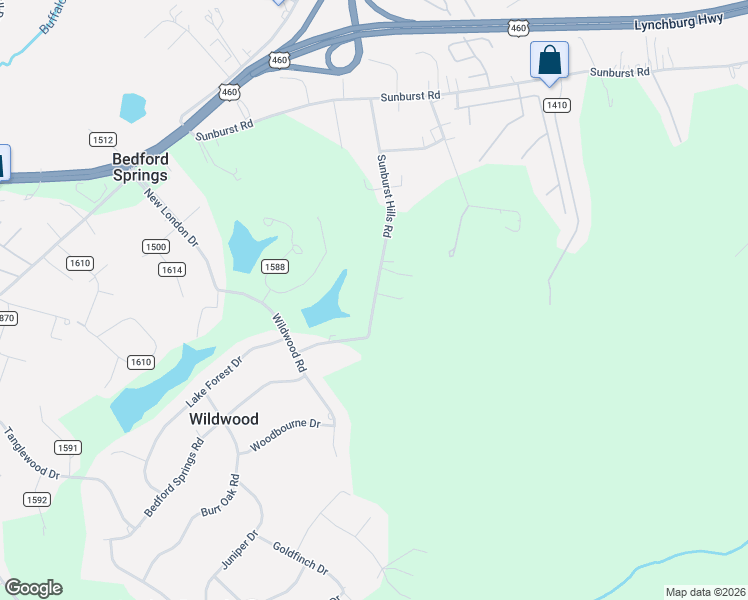 map of restaurants, bars, coffee shops, grocery stores, and more near 45 Sunburst Hills Road in Evington