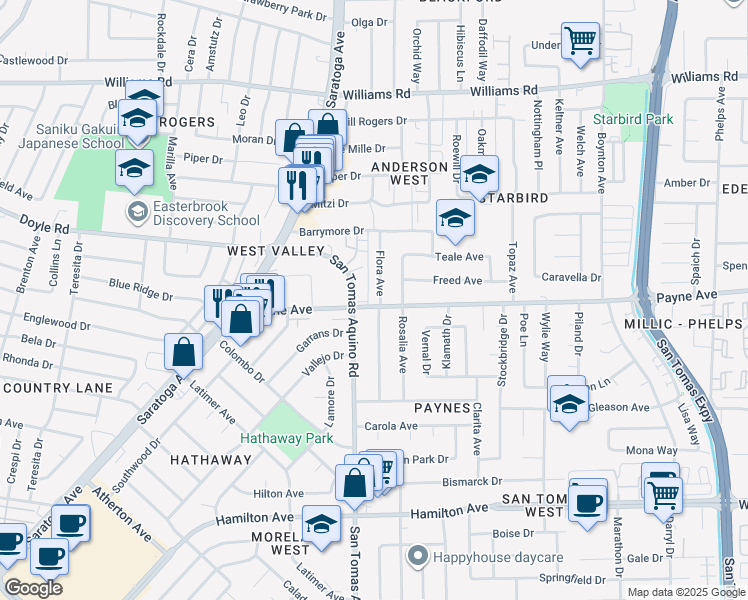 map of restaurants, bars, coffee shops, grocery stores, and more near 1295 Flora Avenue in San Jose