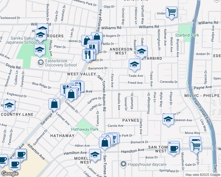 map of restaurants, bars, coffee shops, grocery stores, and more near 1295 Flora Avenue in San Jose
