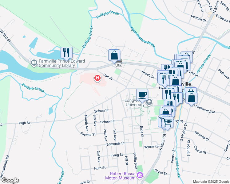 map of restaurants, bars, coffee shops, grocery stores, and more near 702 High Street in Farmville