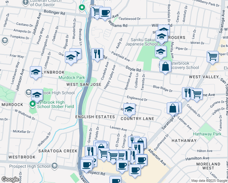 map of restaurants, bars, coffee shops, grocery stores, and more near 5177 Englewood Drive in San Jose