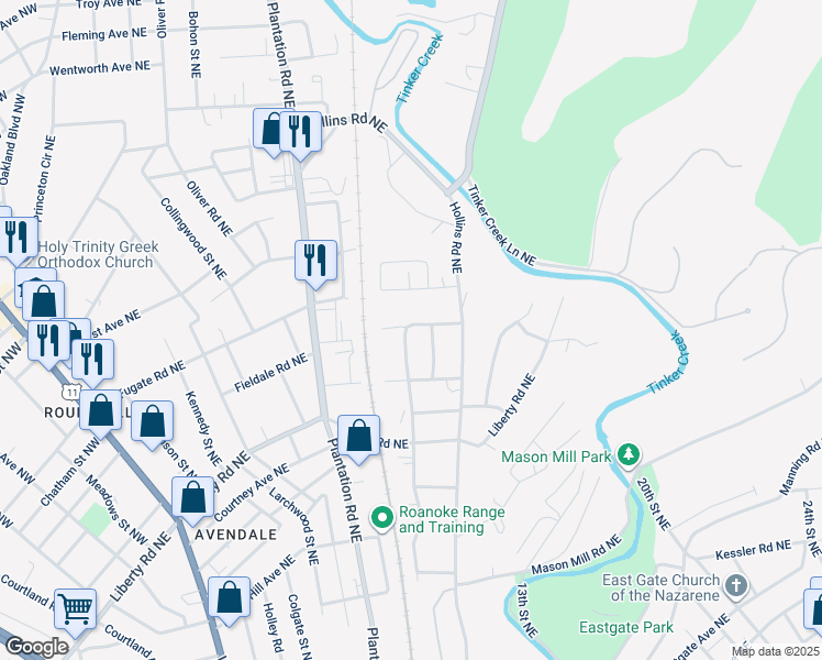 map of restaurants, bars, coffee shops, grocery stores, and more near 2829 Ridgefield Street Northeast in Roanoke