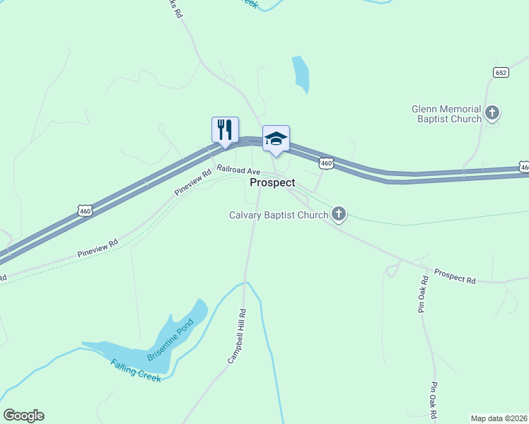 map of restaurants, bars, coffee shops, grocery stores, and more near 198 County Road 693 in Prospect