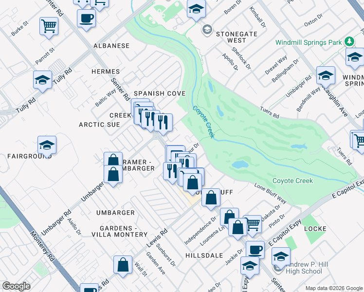 map of restaurants, bars, coffee shops, grocery stores, and more near 638 Balfour Drive in San Jose