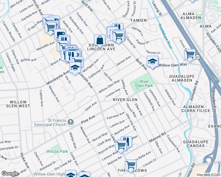 map of restaurants, bars, coffee shops, grocery stores, and more near 994 Louise Avenue in San Jose