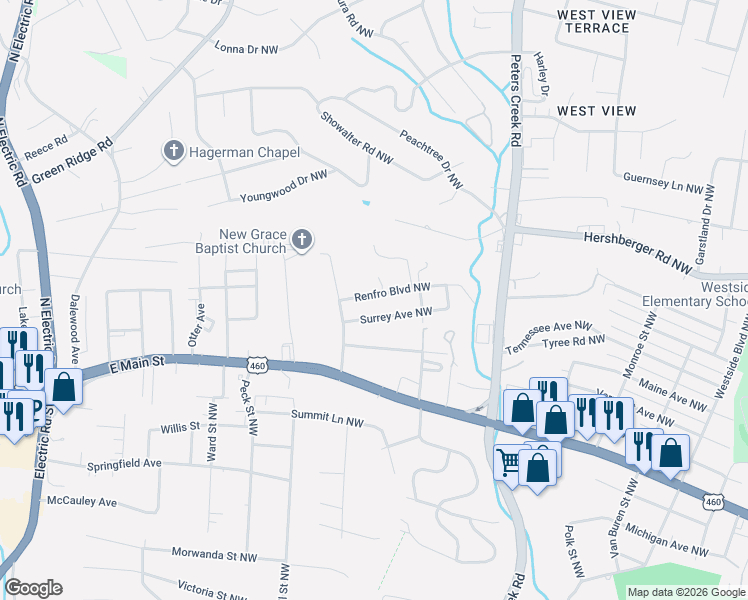 map of restaurants, bars, coffee shops, grocery stores, and more near 4618 Surrey Avenue Northwest in Roanoke