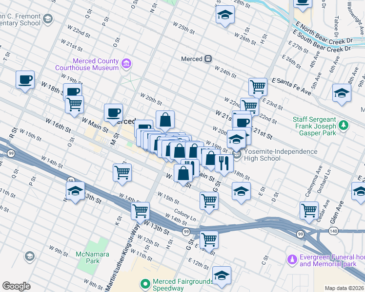 map of restaurants, bars, coffee shops, grocery stores, and more near 259 West 18th Street in Merced