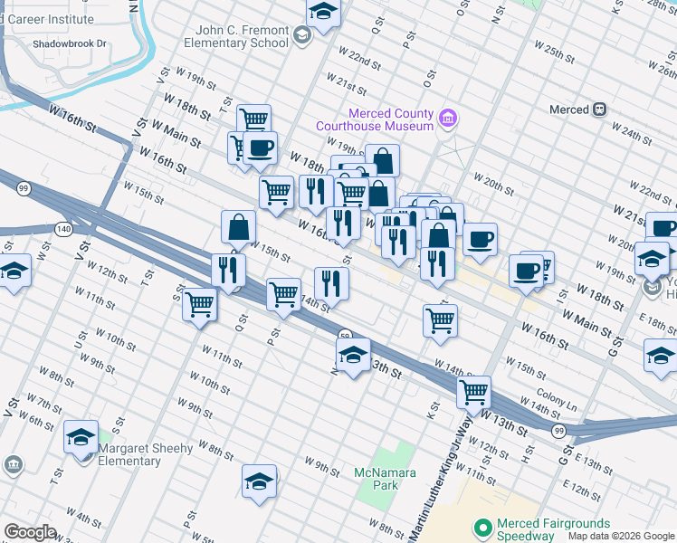 map of restaurants, bars, coffee shops, grocery stores, and more near in Merced