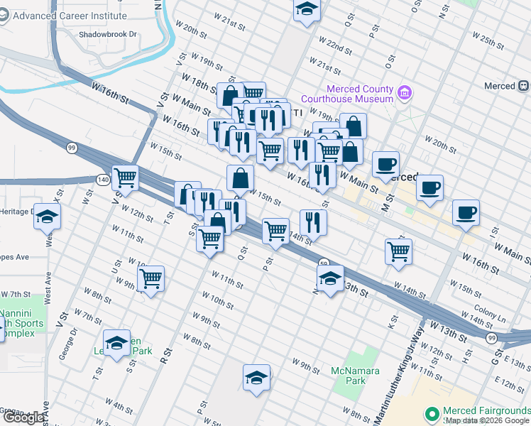 map of restaurants, bars, coffee shops, grocery stores, and more near 921 West 14th Street in Merced